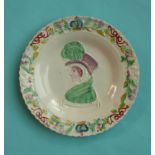 Queen Caroline: a colourful nursery plate with pink lustre decoration and moulded with a named