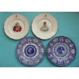 Coalport blue printed plates for 1902 and 1911 and a pair of Doulton colour portrait plates for 1902