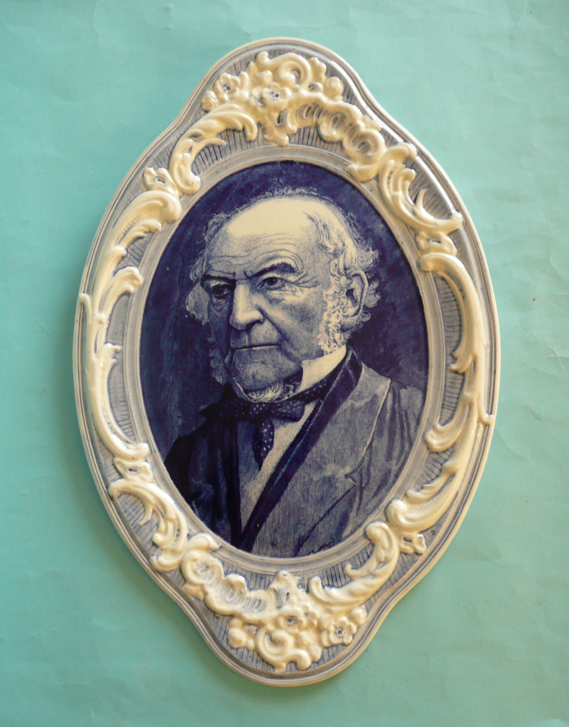 Gladstone: a large pottery portrait plaque by Burgess & Leigh printed in blue, 398mm high (