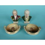 A small pair of French porcelain portrait busts of Nelson and Walter Scott, 89mm and a small pair of