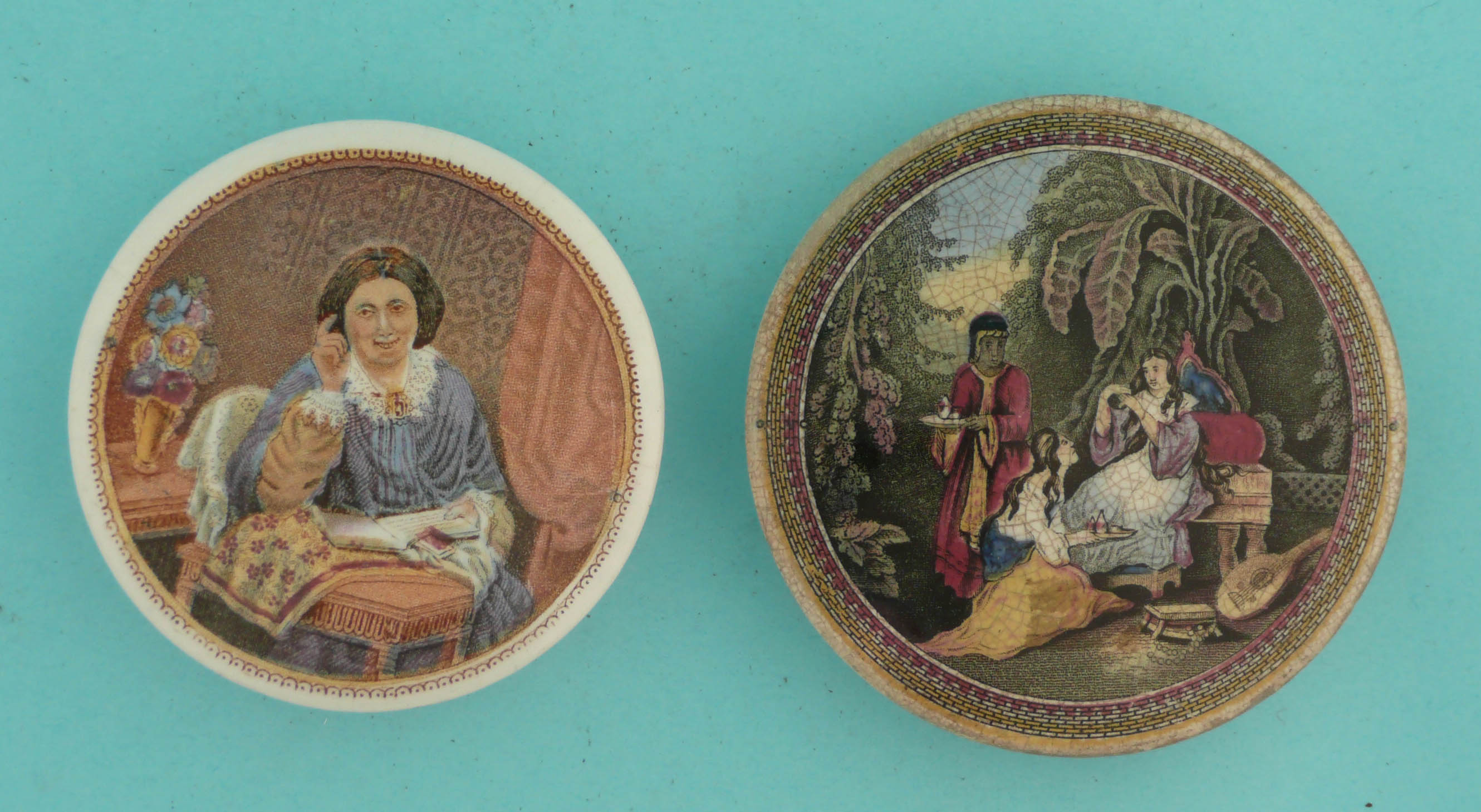 Lady Reading Book (105) and An Eastern Repast (98), restored (2) (pot lid, pot lids, potlid,