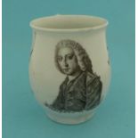 Pitt the Elder: a good Worcester porcelain shaped mug of small size printed en grisaille with a