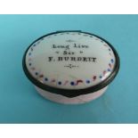 Sir Francis Burdett: a Bilston enamel oval box the hinged cover inscribed ‘Long live Sir F.