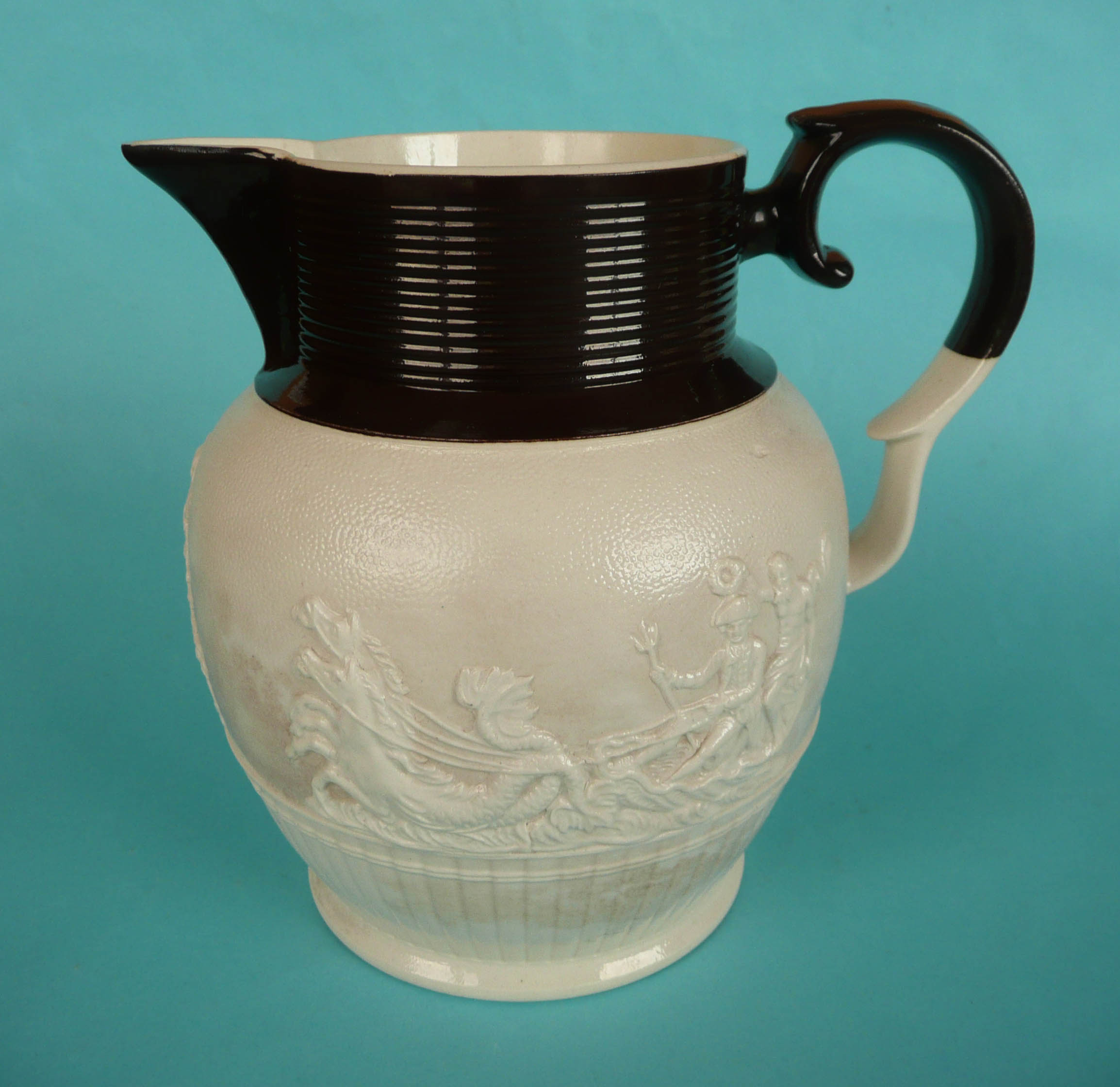 1805 Nelson in Memoriam: a white stoneware jug modelled with allegorical scenes, 180mm (