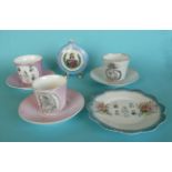 1897 Jubilee: three continental porcelain cups and saucers, a similar side plate and a flask