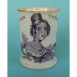 1837/38 Victoria: a small Swansea pottery mug printed in purple, 71mm, small restored chips (