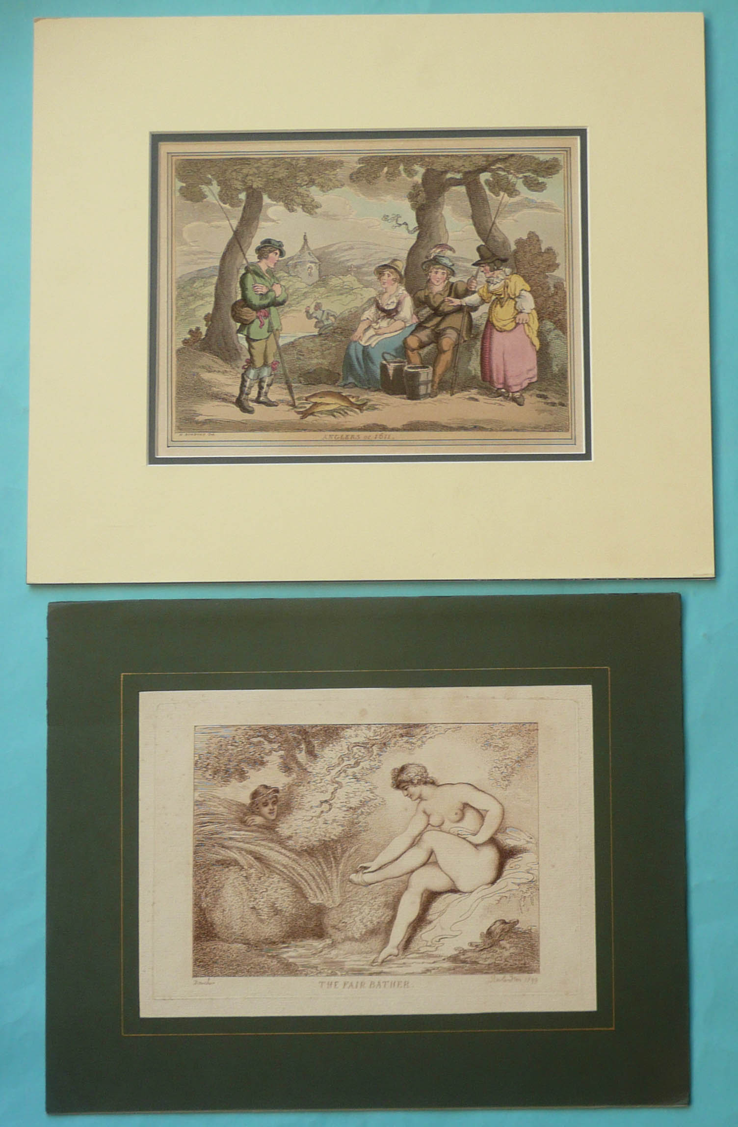 An original hand coloured engraving by H. Bunbury entitled ‘Anglers of 1611’, 198 x 257mm, two by