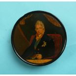 1831 William IV: a circular papier-mâché box the lid with named colour portrait, 92mm (