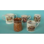 A Doulton Lambeth brown stoneware mug for 1897, three mugs for 1911 and another 1937, restored (