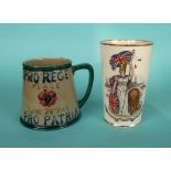 World War I: a Moorcroft for Liberty tapering pottery mug inscribed for the 1919 peace, 95mm and a