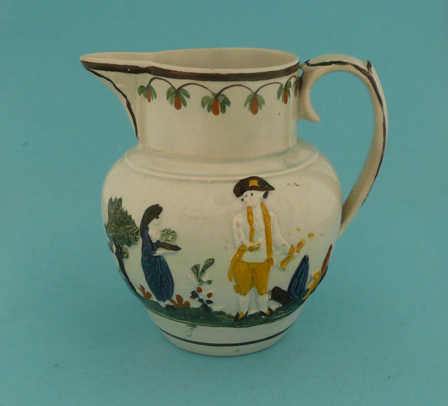 1797 Nelson: a colourful Prattware jug of small size moulded with named full-length portraits of