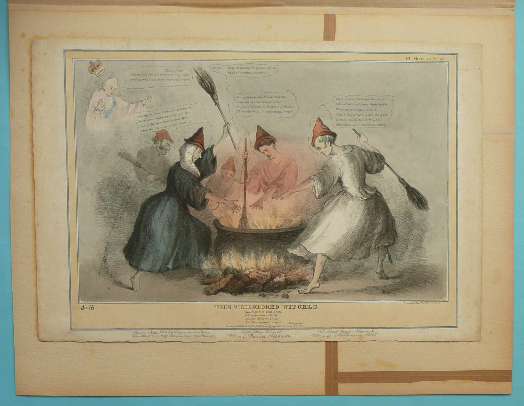 1831 Reform: an original hand coloured lithograph by John Doyle entitled ‘The Tricolour Witches’