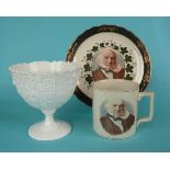 A moulded white glass bowl on foot for 1878 Congress of Berlin and a pottery mug and plate for