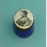 Queen Charlotte: an oval Bilston enamel box with blue base, the hinged lid printed en grisaille with