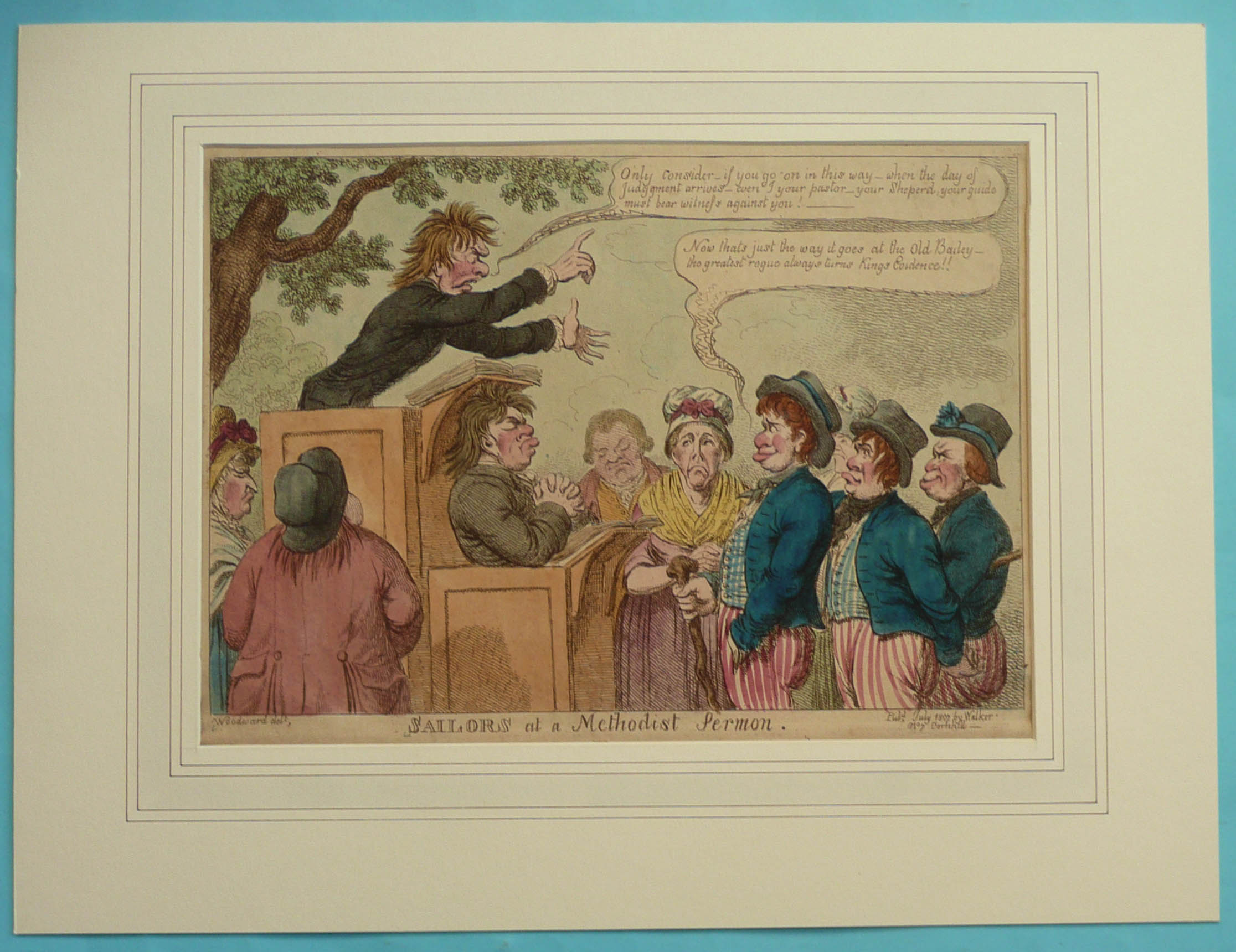 Hand coloured engravings by Woodward entitled ‘Sailors at a Methodist Sermon’ published by Walker
