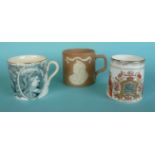 1897 Jubilee: a brown stoneware mug by Copeland, a mug printed in blue and a William Lowe mug (3) (