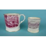 An English porcelain mug printed in puce with an inscribed view of Ironbridge, Shropshire and