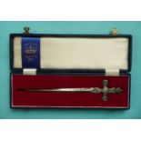 1953 Coronation: a hallmarked silver miniature sword in presentation case, 215mm long (