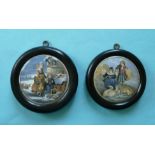 Dutch Winter Scene (308) and Lady Boy and Goats (316) each framed (2) (prattware, pot lid, potlid)