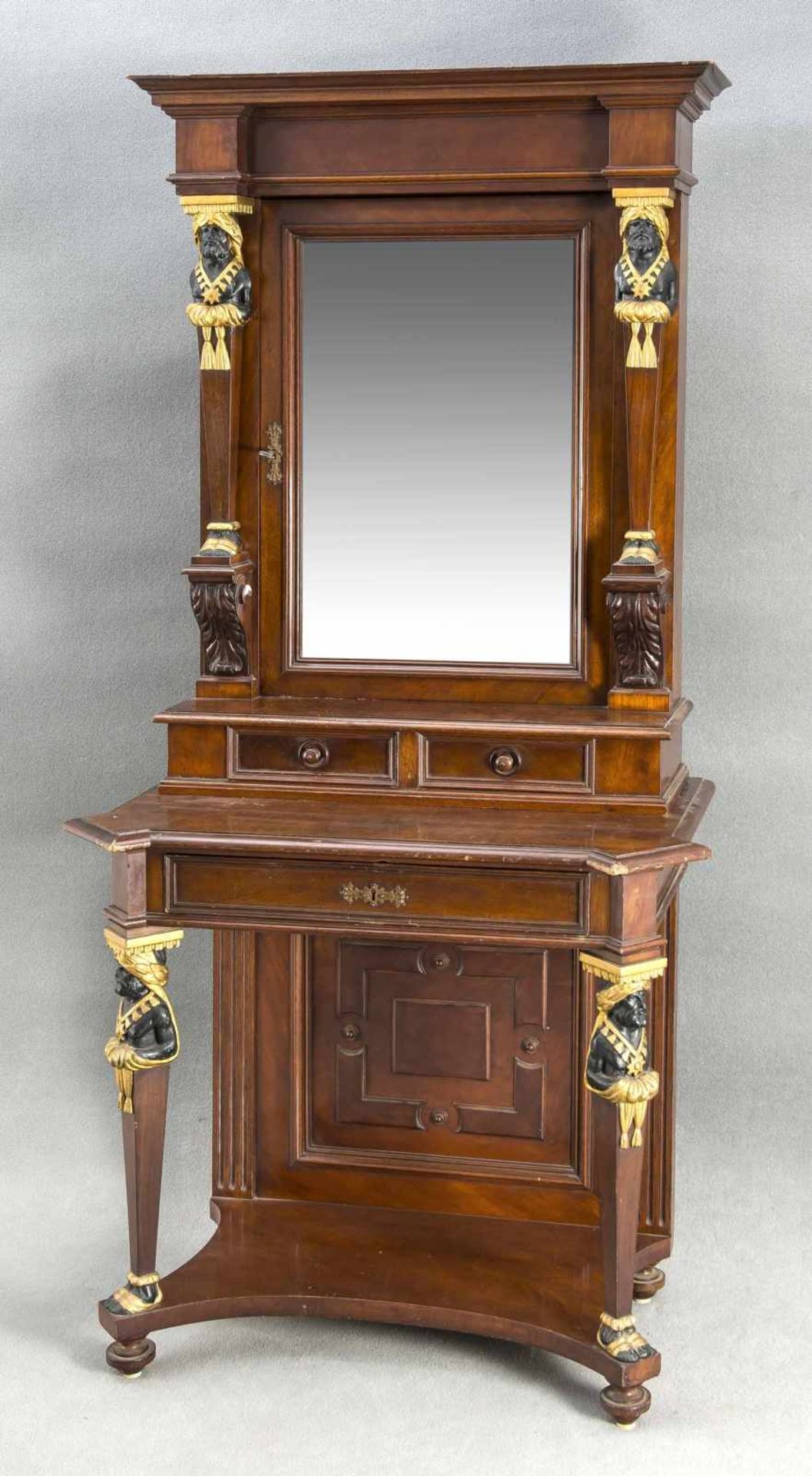 Dekorative Gründerzeit-Konsole mit Spiegeltür, um 1880, Mahagoni furniert/massiv, auf hohen Beinen