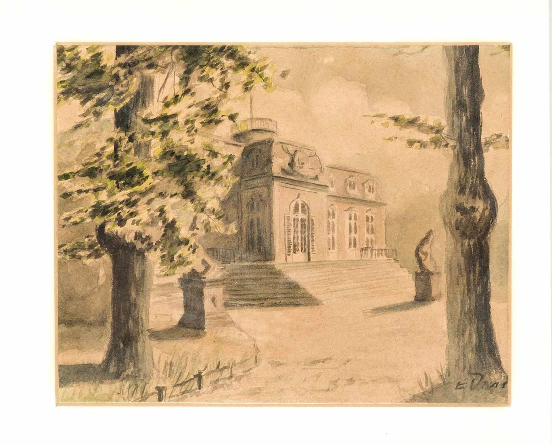 Henning Edens (1885-1943) (attrib.), Ansicht des Schlosses Benrath in Düsseldorf, Aquarell, signiert