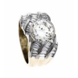 Brillant-Ring GG/WG 750/000 mit einem Brillanten 2,10 ct get.Weiß (K)/VVS und Diamant-Baguettes,