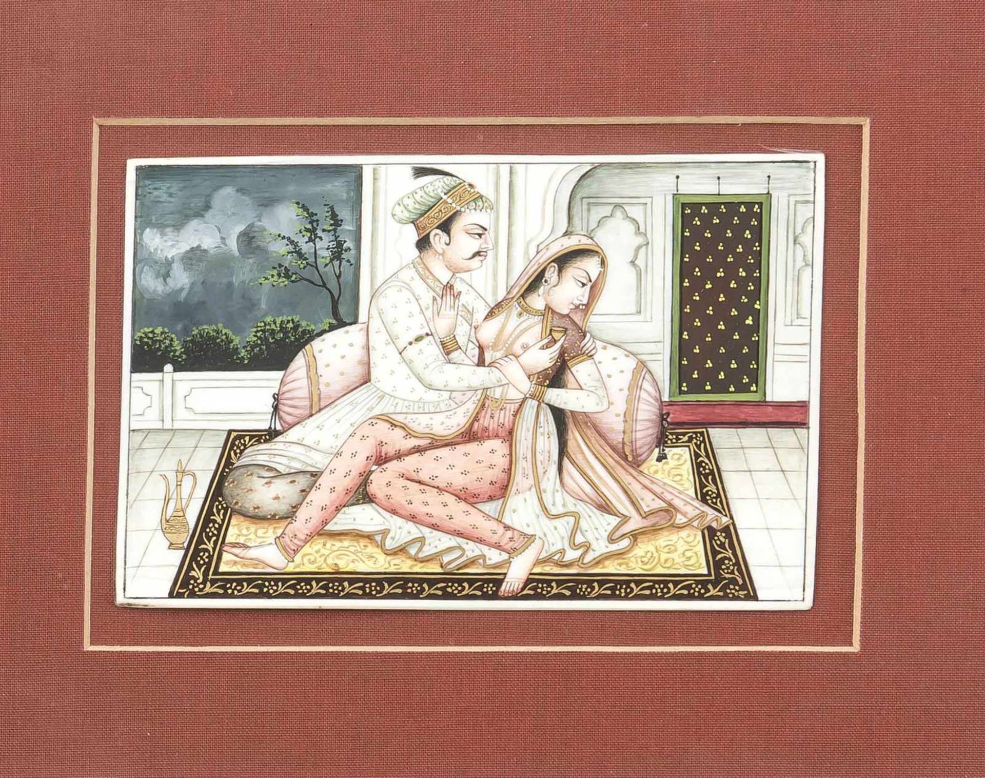 Erotische Malerei, Indien um 1920, Tempera auf Elfenbein, partiell goldgehöht, Maharadscha mit