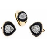 Onyx-Brillant-Schmuckset GG 750/000 mit jeweils einem Onyxelement und Brillanten, zus. 1,4 ct W/