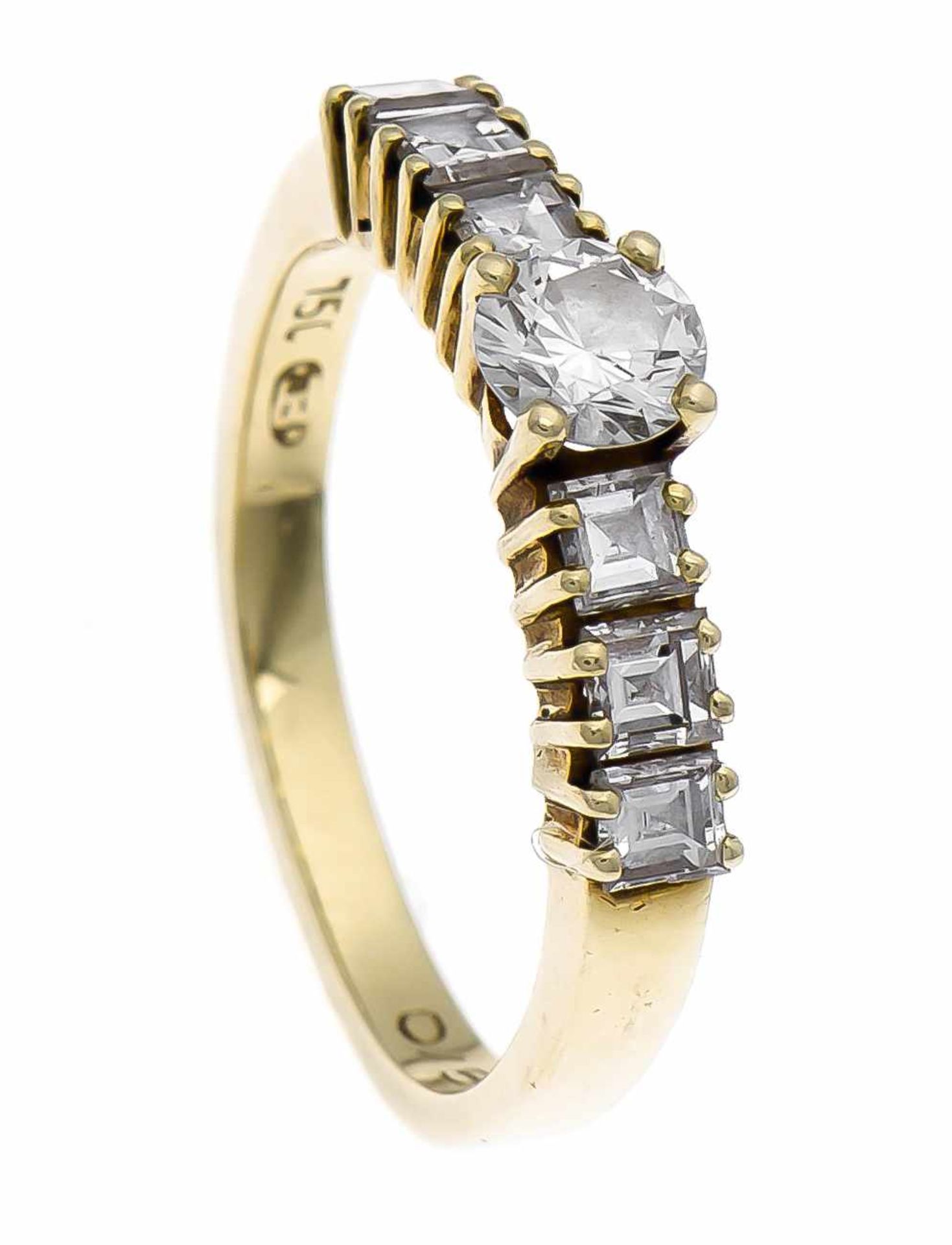 Brillant-Ring GG 750/000 mit einem Brillanten 0,31 ct W/VS und 6 Diamant-Carrees, zus. 0,58 ct W/SI,
