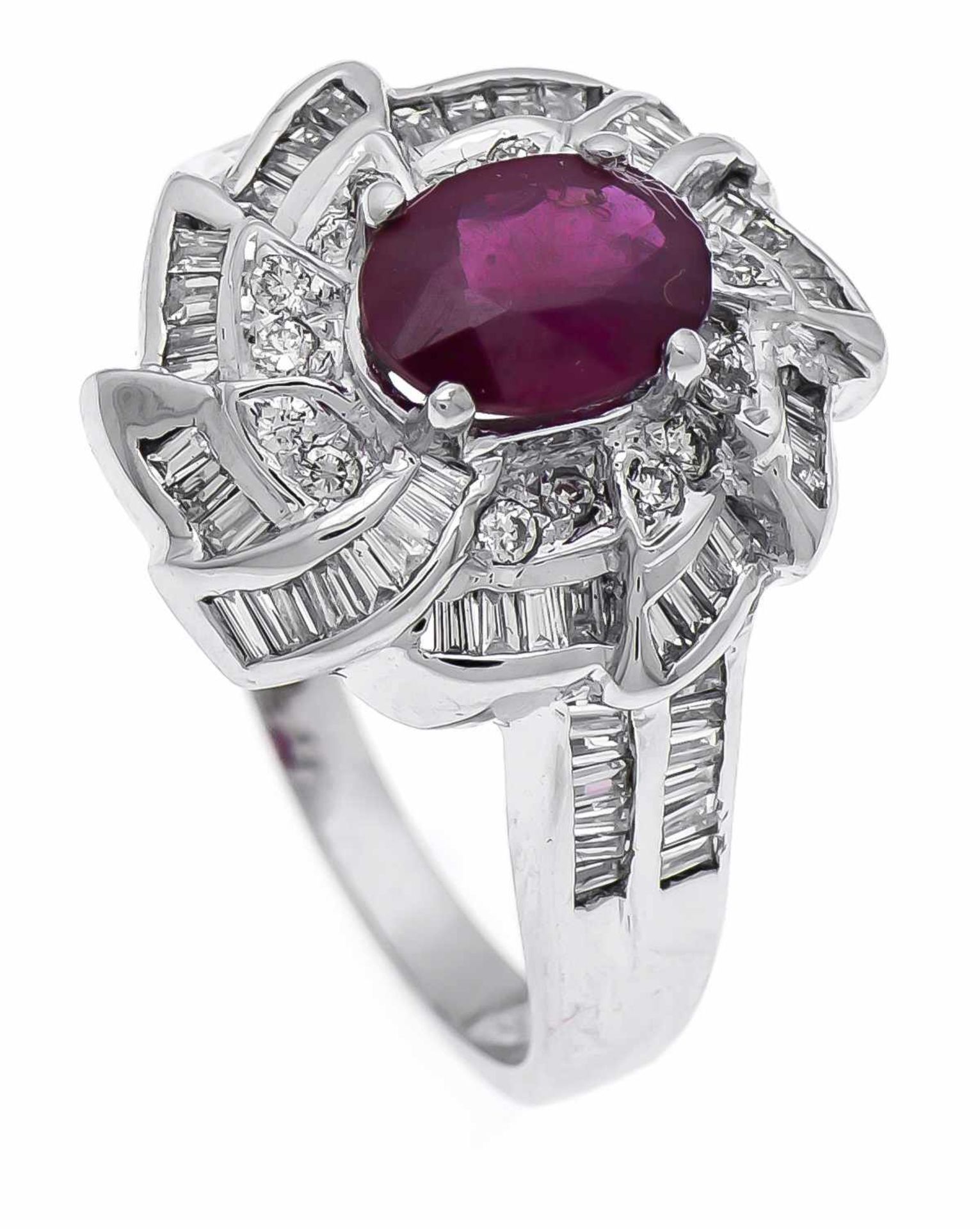 Rubin-Brillant-Ring WG 750/000 mit einem feinen oval fac. Rubin 0,99 ct in sehr guter Farbe,