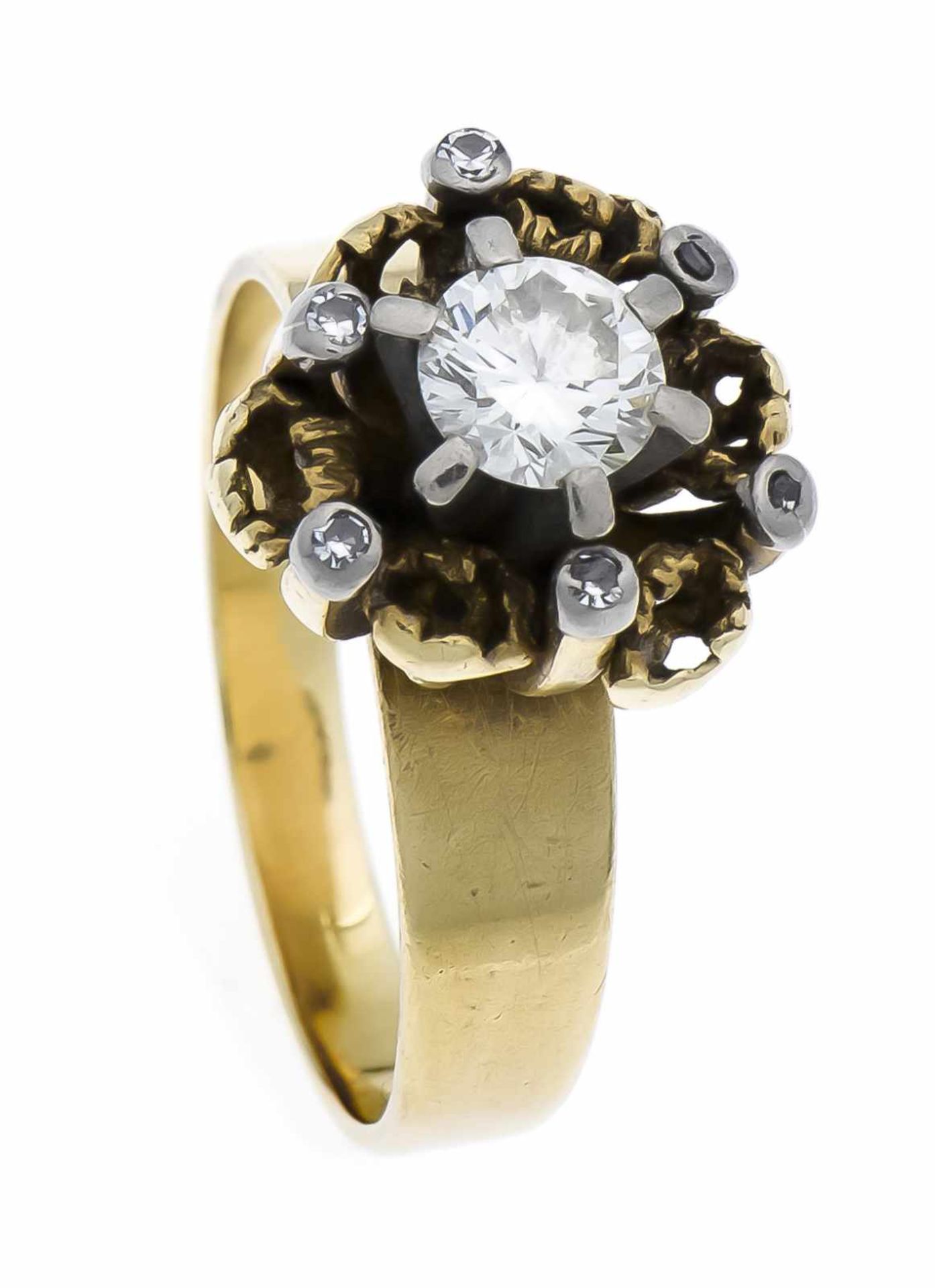 Brillant-Ring GG/WG 750/000 mit einem Brillanten 0,60 ct W/SI und Diamanten, RG 58, 7,2 g