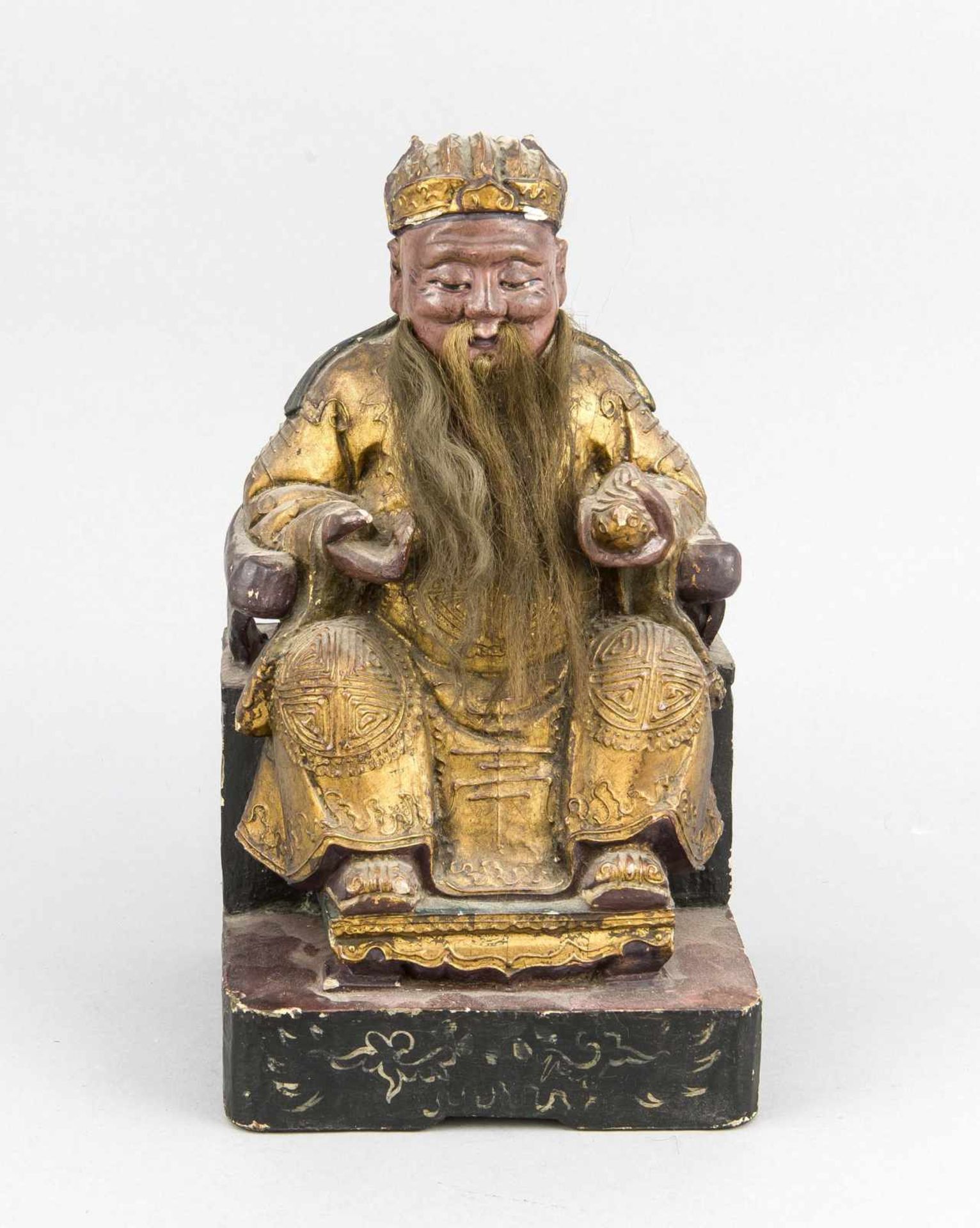 Chinesischer Bildhauer des 19. Jh., Konfuzius auf einem Stuhl sitzend, vollplastisch geschnitzte