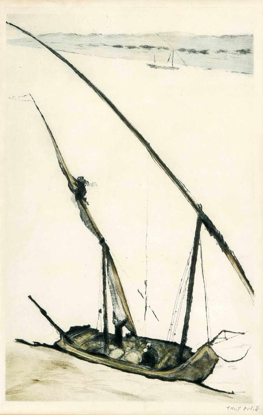 Emil Orlik (1870-1932), "Feluke am Nil", Farbradierung mit Roulette und Kaltnadel von 1916, u. re.