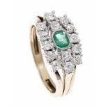 Smaragd-Altschliff-Diamant-Ring GG 750/000 mit fac. Smaragd 4 x 3 mm in guter Farbe und Altschliff-