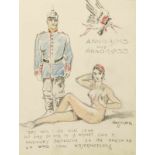 Erotika, Konvolut von 3 Bleistiftzeichnungen um 1930, mit erotischen Szenen und Sprüchen in