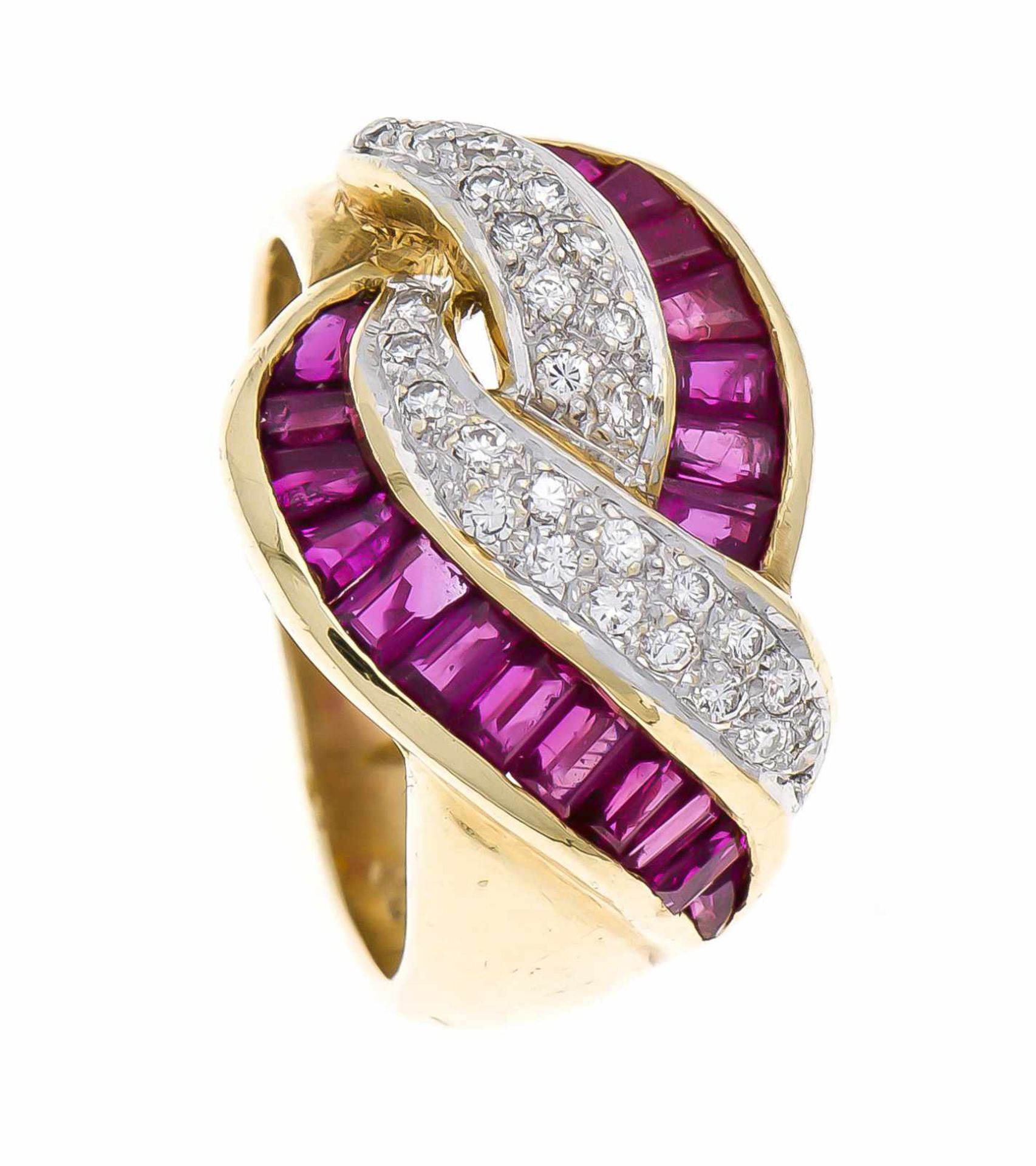 Rubin-Brillant-Ring GG/WG 750/000 mit fac. Rubinbaguettes in guter Farbe und Reinheit sowie