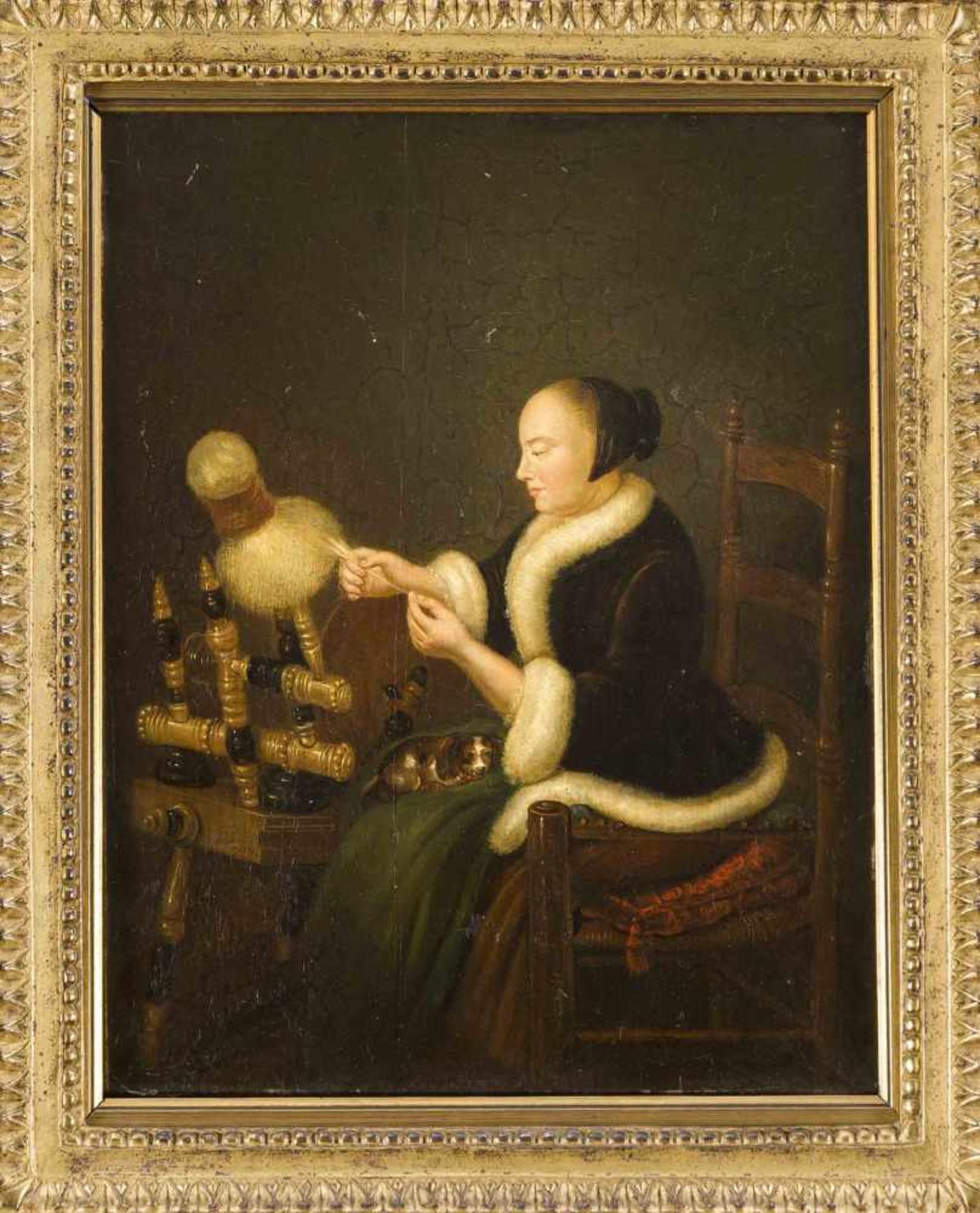 Caspar Netscher (1635/39-1684), nach, frühe Kopie des 17. Jh., Frau mit Schoßhund beim Spinnen, Öl/