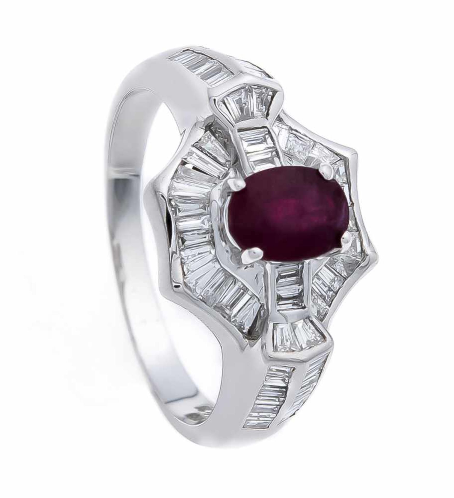 Rubin-Brillant-Ring WG 750/000 mit einem oval fac. Rubin 1,26 ct in guter Farbe und 59 Diamant-