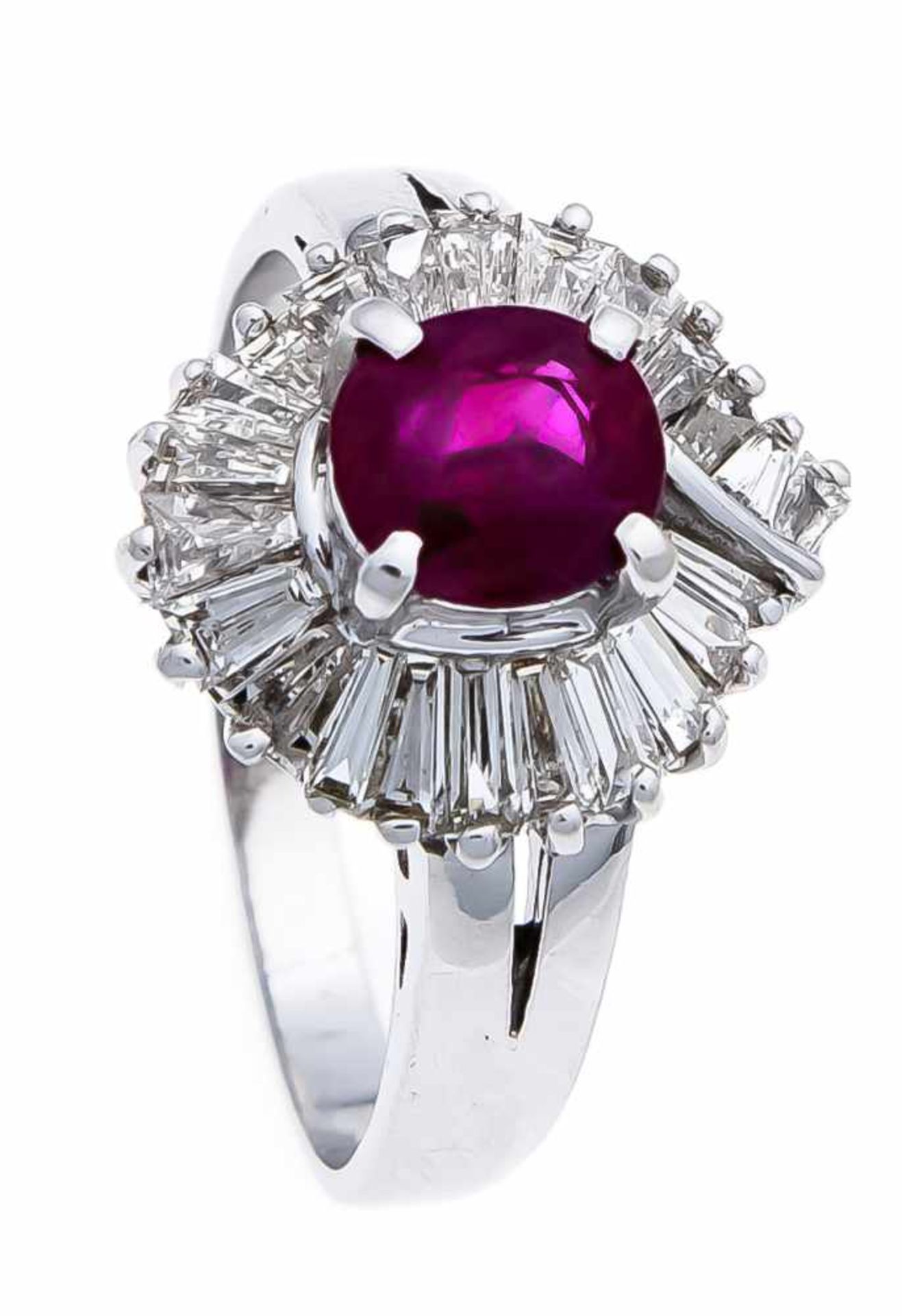 Rubin-Brillant-Ring WG 750/000 mit einem sehr guten oval fac. Rubin 0,90 ct in einem feinen,