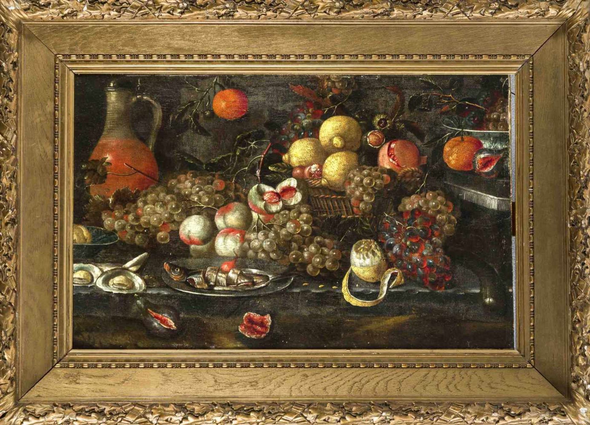 Flämischer Maler um 1700, prächtiges Stillleben mit Muscheln und Hering zwischen kunstvoll
