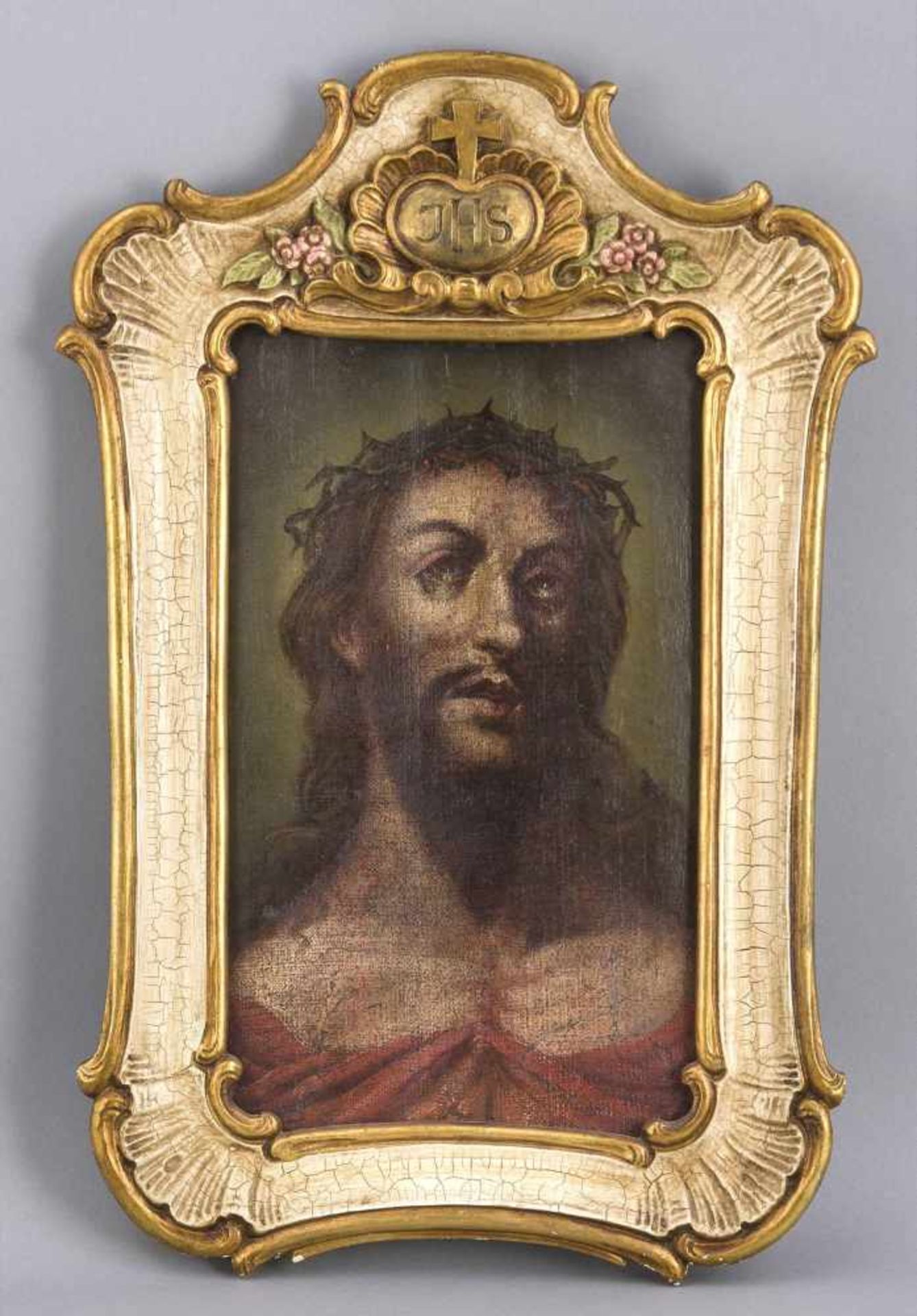 Ecce Homo um 1700, ausdruckstarkes Bildnis Christi mit der Dornekrone, um 1700, Öl/Lwd. alt auf Holz