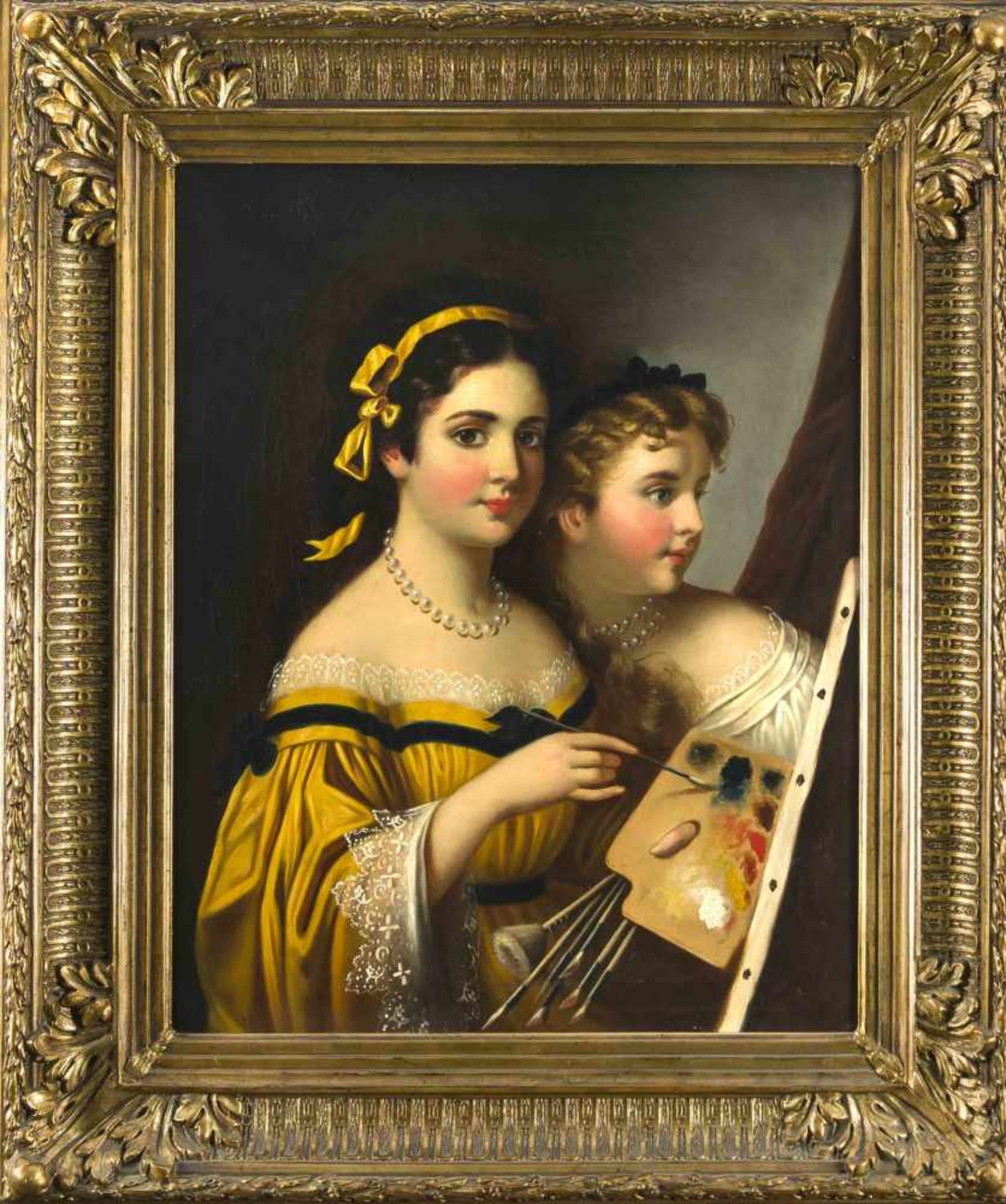 Anonymer Malerin 1. H. 19. Jh., zwei Schwestern an der Staffelei, Künstlerinnenselbstportrait, Öl/