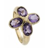 Amethyst-Ring GG 375/000 mit vier oval fac. Amethysten 7 x 5 mm, Ringkopf L. 18 mm, RG 56, 4,3 g