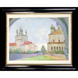 Russischer Maler Mitte 20. Jh., Ansicht einer Klosteranlage mit zwei Kirchen durch ein