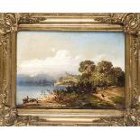 Anonymer, wohl schweizer Maler um 1870, alpiner See mit Burg und Staffagefiguren, Öl/Lwd.,