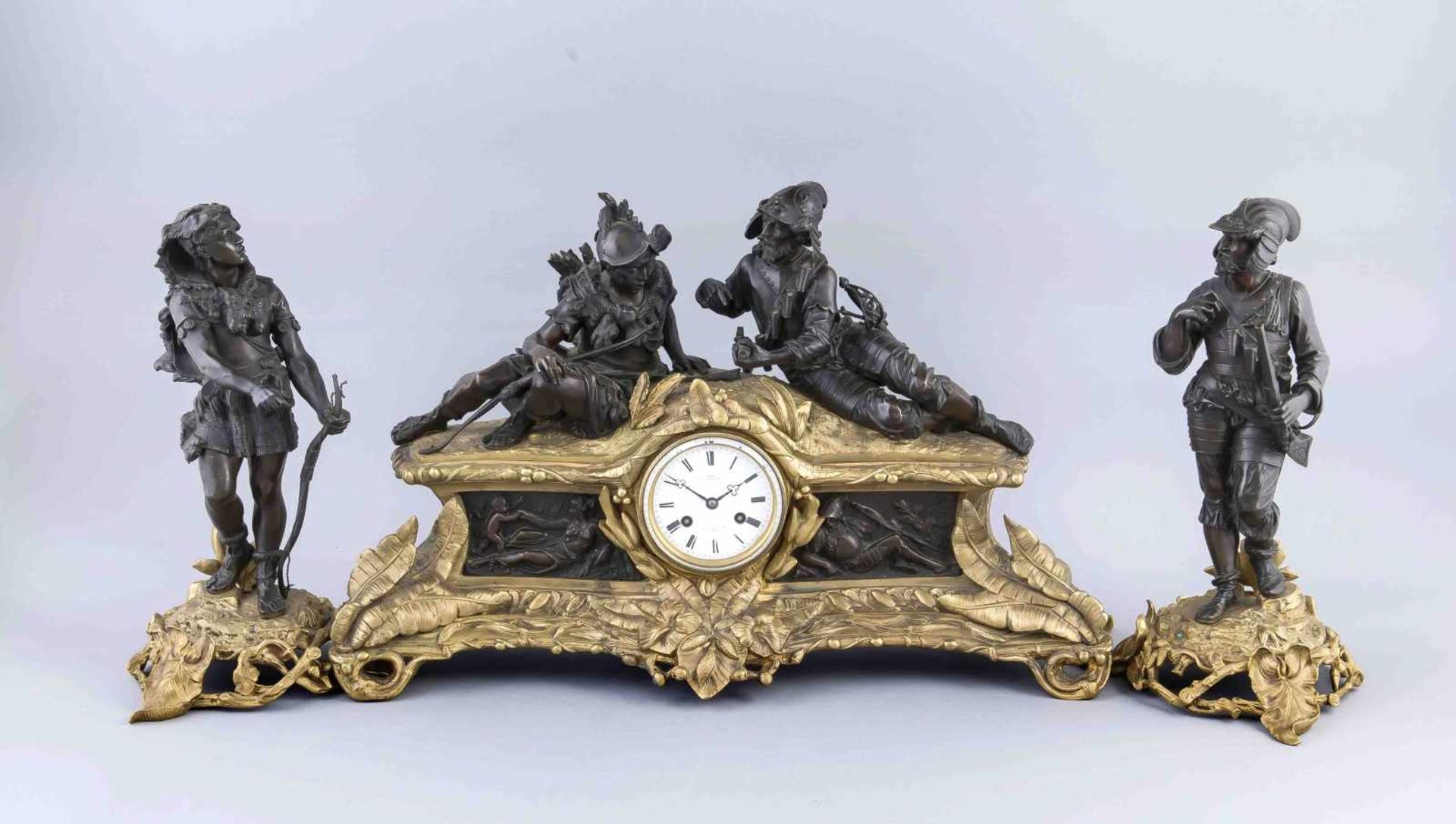 Historisierende Figuren-Pendule, Frankreich, Ende 19. Jh., vergoldetes u. braun patiniertes