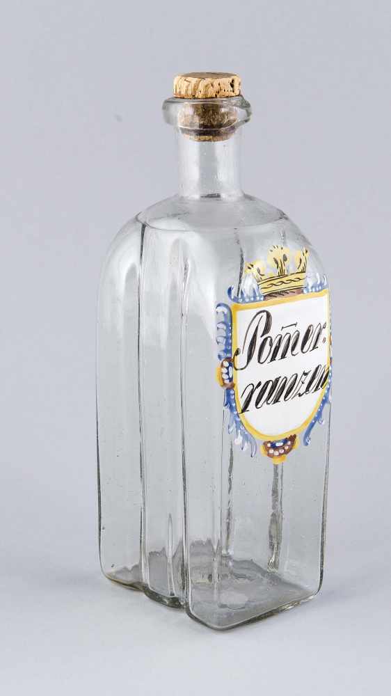 Flasche für Pomeranzen-Öl, wohl Deutsch, 18. Jh., farbloses Glas, Luftblaseneinschlüsse, Emaille