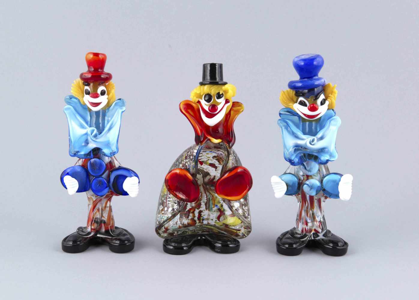 3 Figuren aus der Happy Clown Kollektion, Italien, 2. H. 20. Jh., Murano, polychromes und