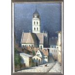E. Menzel, Maler um 1900, nächtliche Altstadtansicht im Mondlicht mit Figurenstaffage und Kirchturm,
