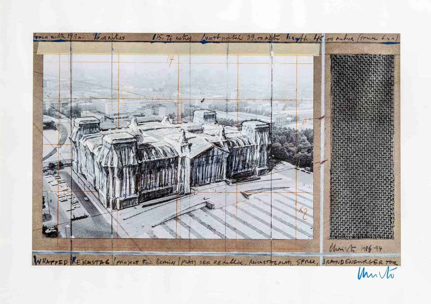 Christo (*1935), eigentlich Christo Vladimirov Javacheff, "Wrapped Reichstag", Farboffsetdruck mit
